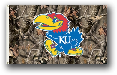 Kansas Jayhawks - 3 Ft. X 5 Ft. Flag W/Grommets - Realtree Camo Background 